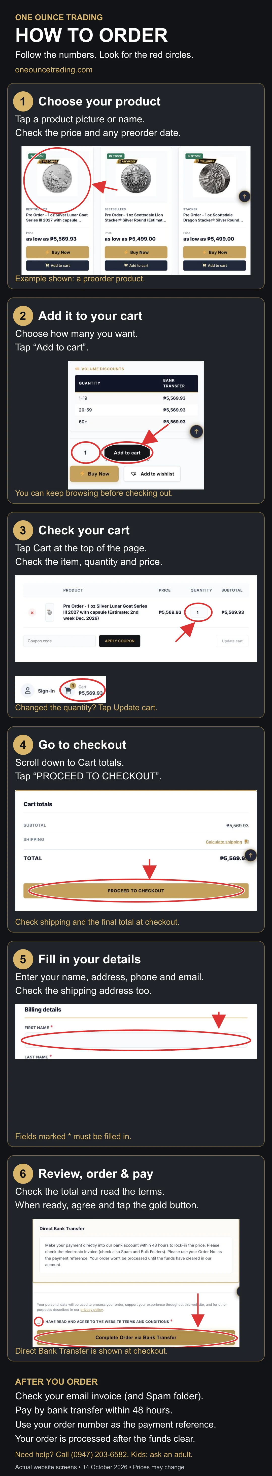 How to order from One Ounce Trading: choose a product, add to cart, review your cart, go to checkout, enter your details, and pay by direct bank transfer.