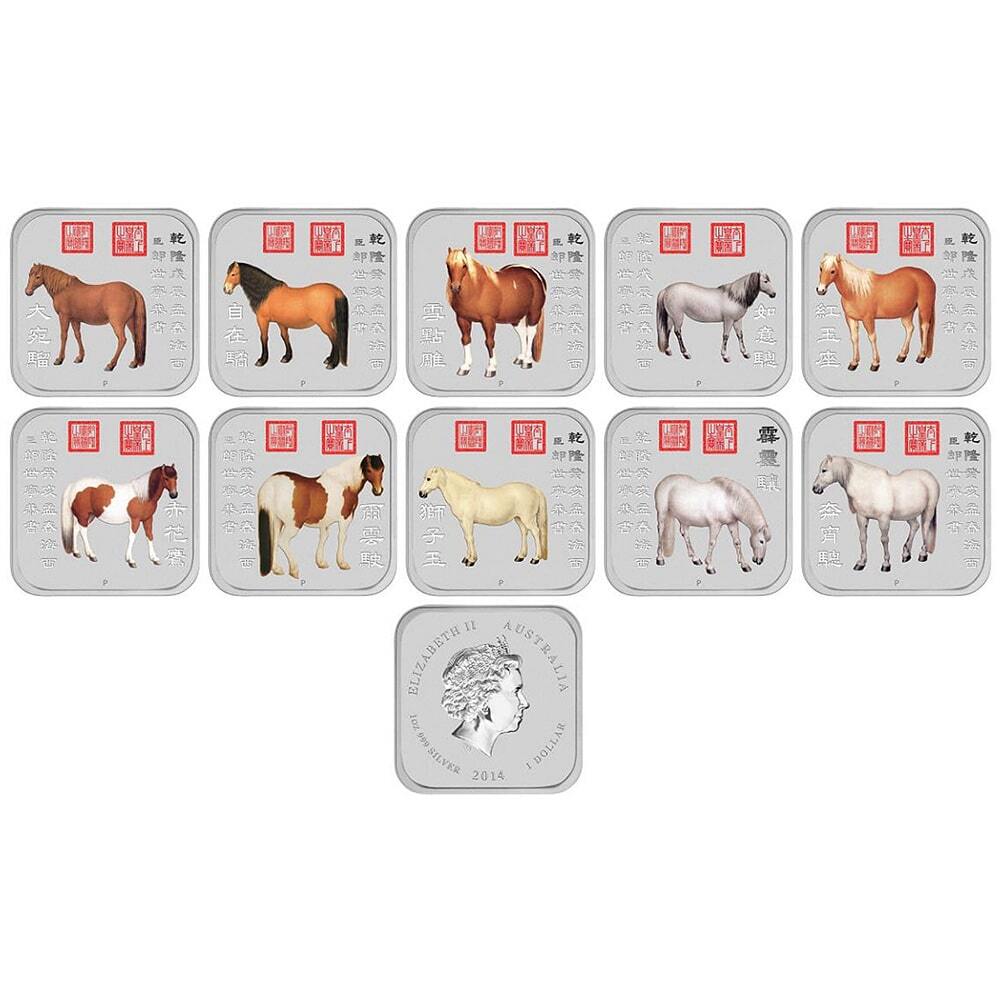 2014 Perth Mint Lunar Horse 1 oz silver square coloured 10-coin set